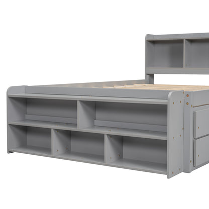Full Size Grey Pine Bed with Storage Headboard for Bedroom