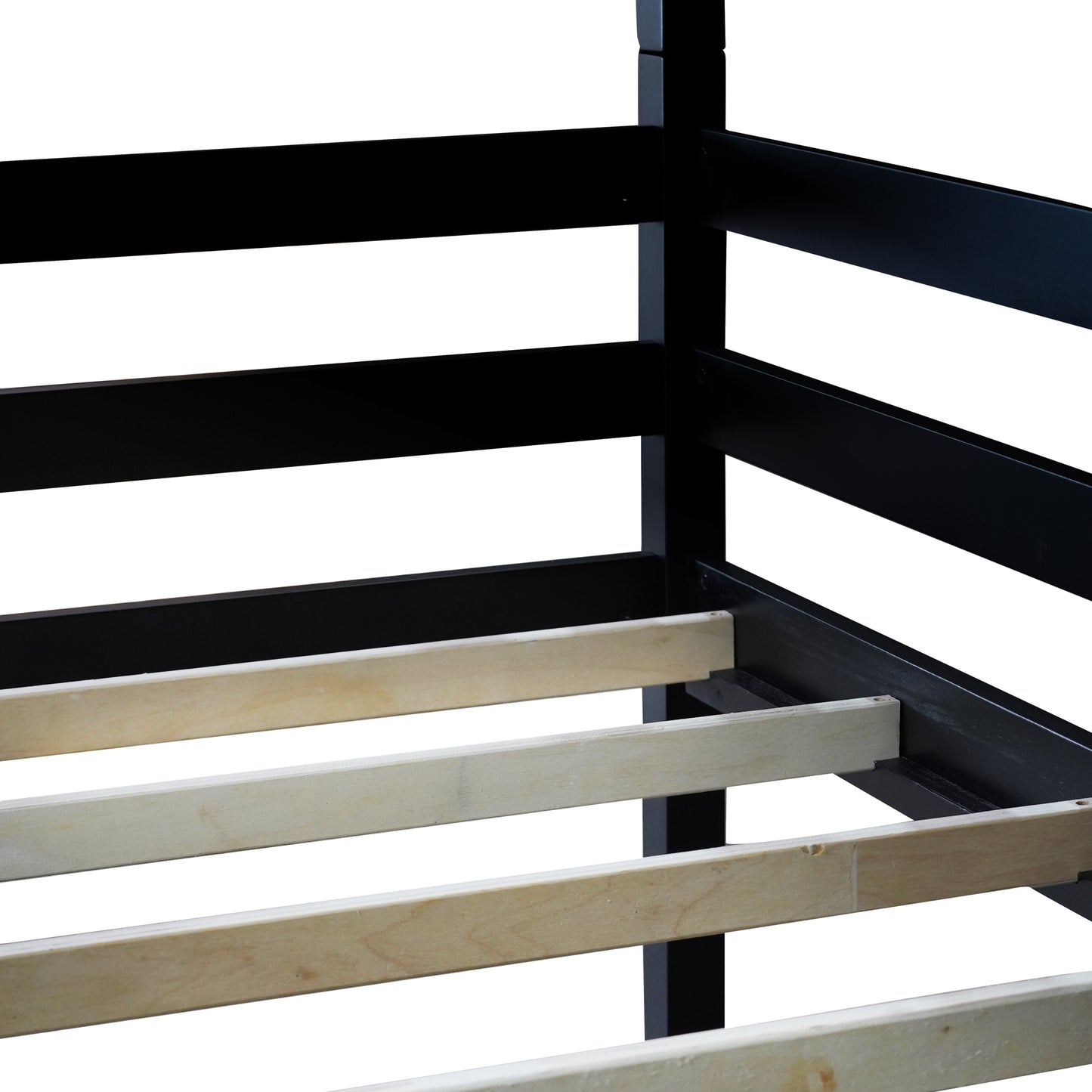 Black Rubber Wood Triple Bunk Bed with Ladders and Guardrails for Bedroom