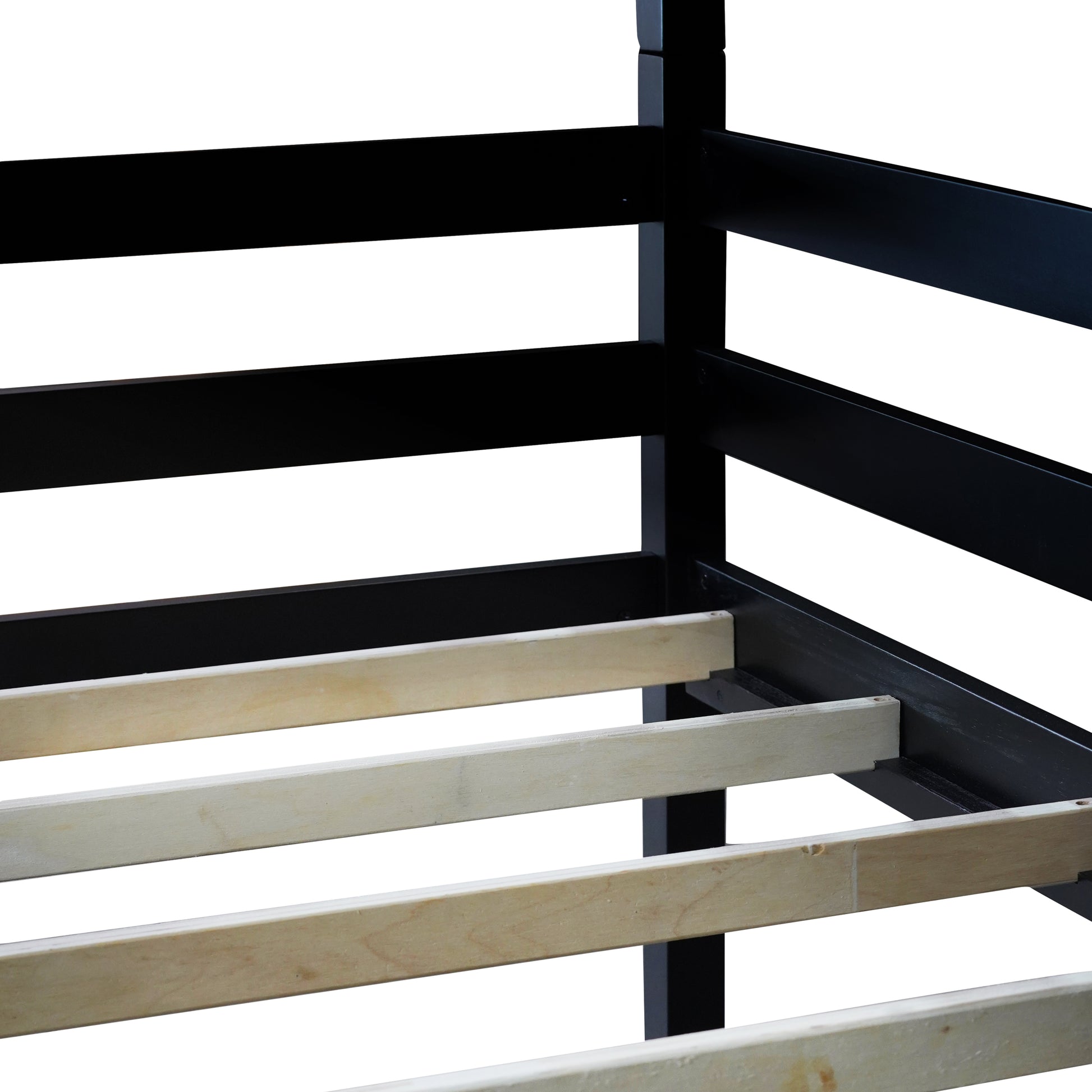 Black Rubber Wood Triple Bunk Bed with Ladders and Guardrails for Bedroom