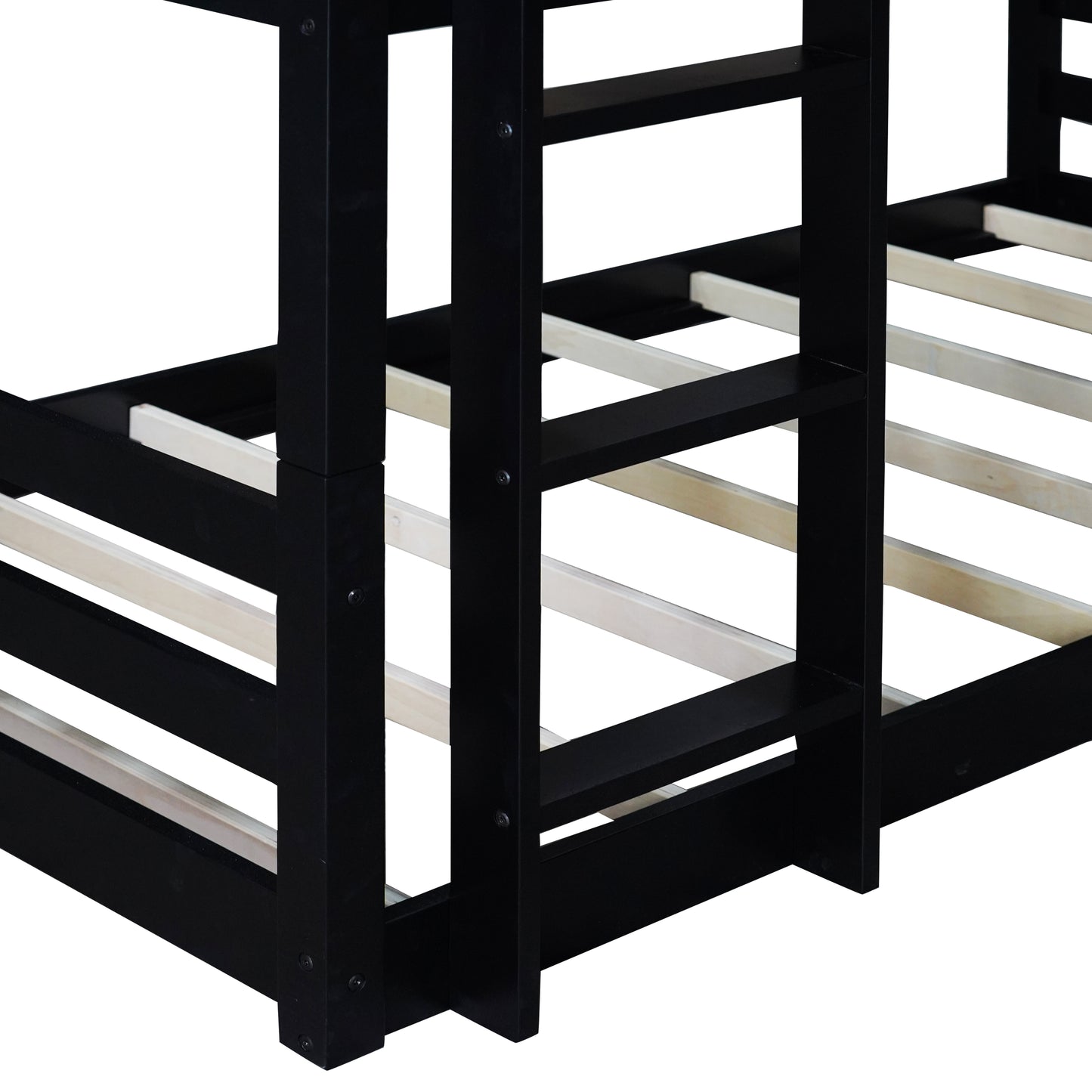 Black Rubber Wood Triple Bunk Bed with Ladders and Guardrails for Bedroom