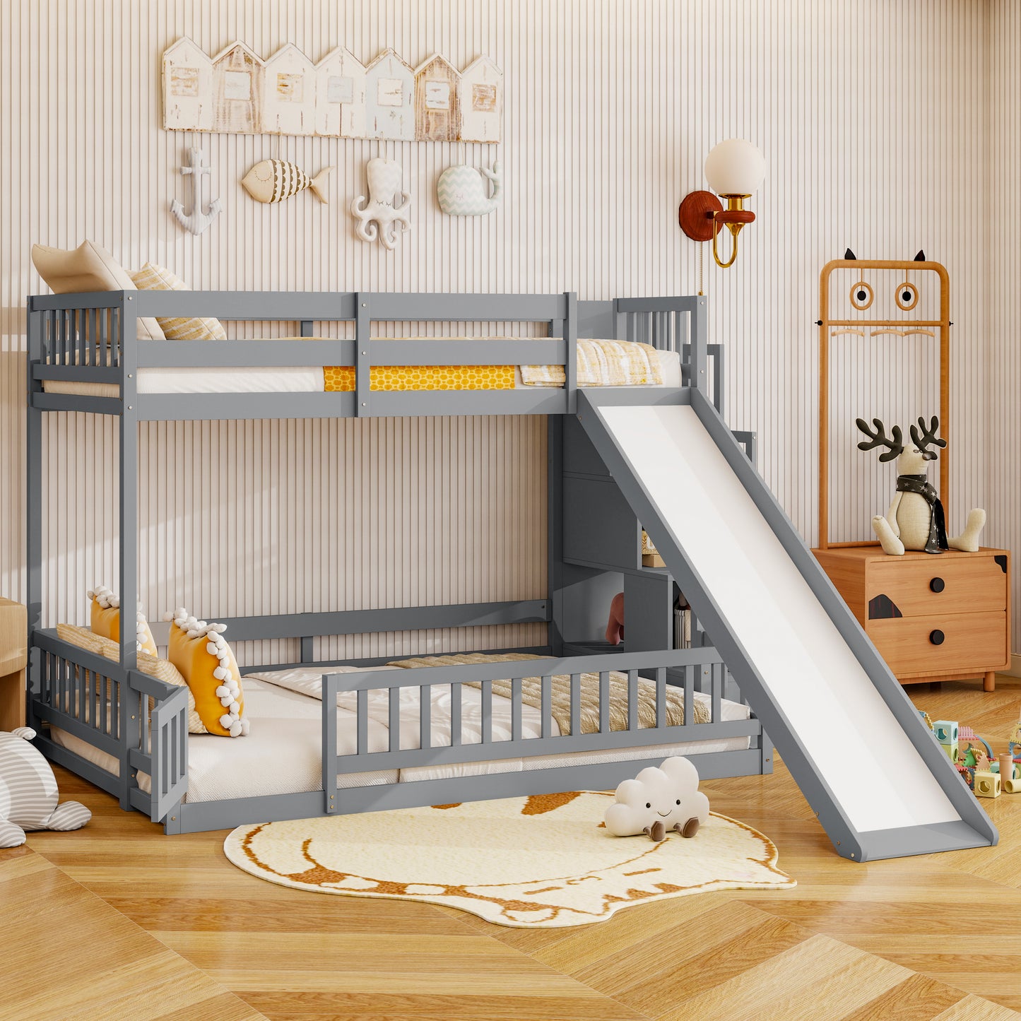 Pine Bunk Bed with Storage Staircase for Kids Room Sleep for Bedroom