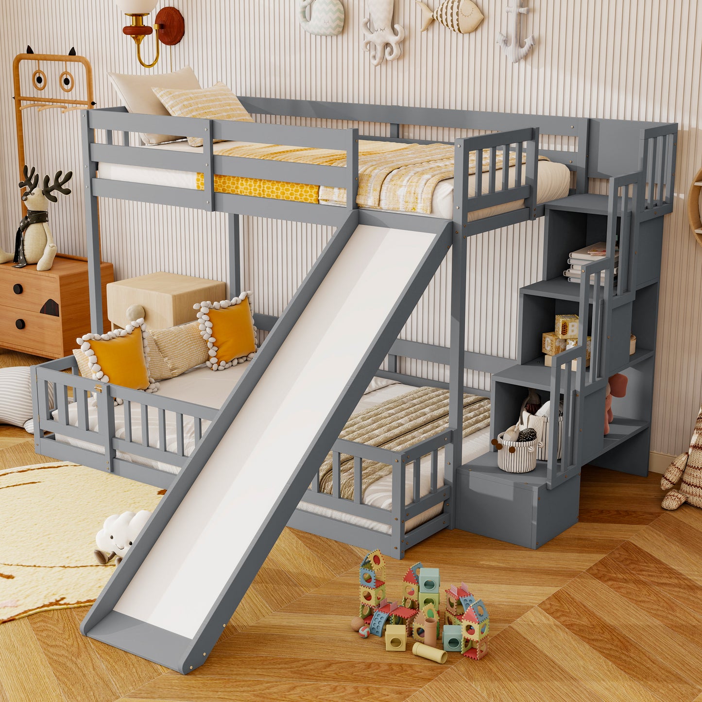 Pine Bunk Bed with Storage Staircase for Kids Room Sleep for Bedroom