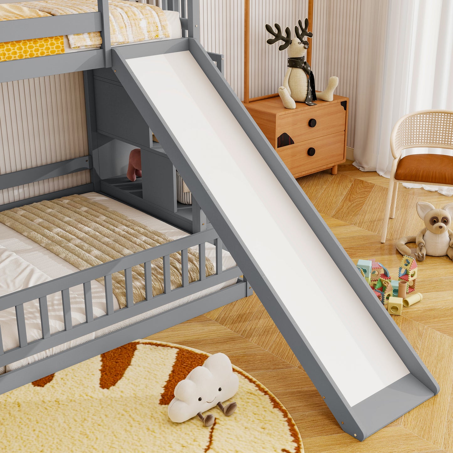 Pine Bunk Bed with Storage Staircase for Kids Room Sleep for Bedroom