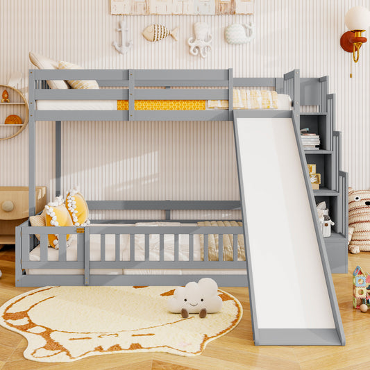Twin Over Full Bunk Bed with Slide, Storage Staircase, Pine Solid Wooden Bunk Bed with Safety Guardrails  ,Grey (Old Sku W504S00184)