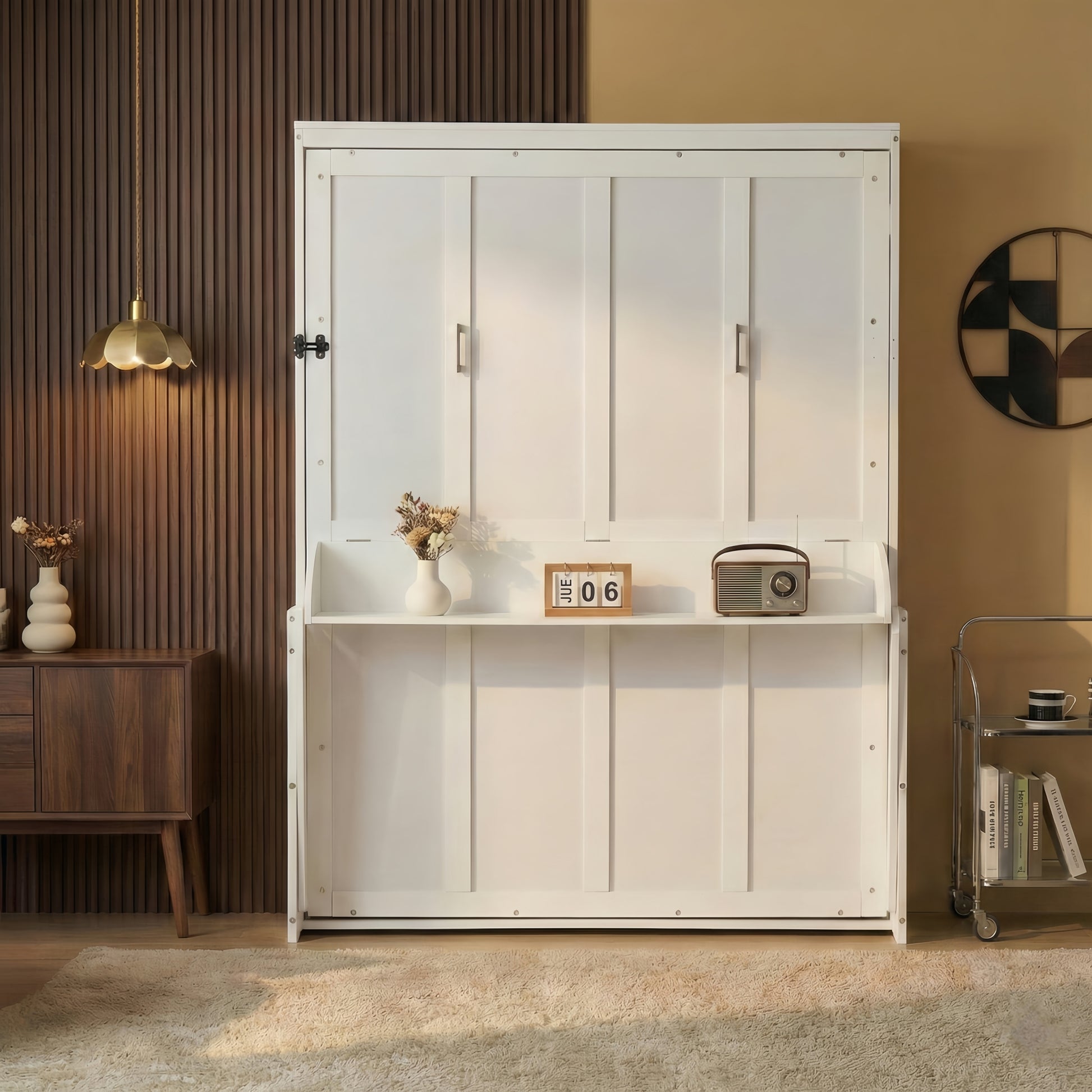 Queen Size Wood Vertical Murphy Bed, Space-Saving Hidden Wall Bed, Wall Bed Cabinet, with Desk, Gas Struts ,White (Old Sku W504S00216)