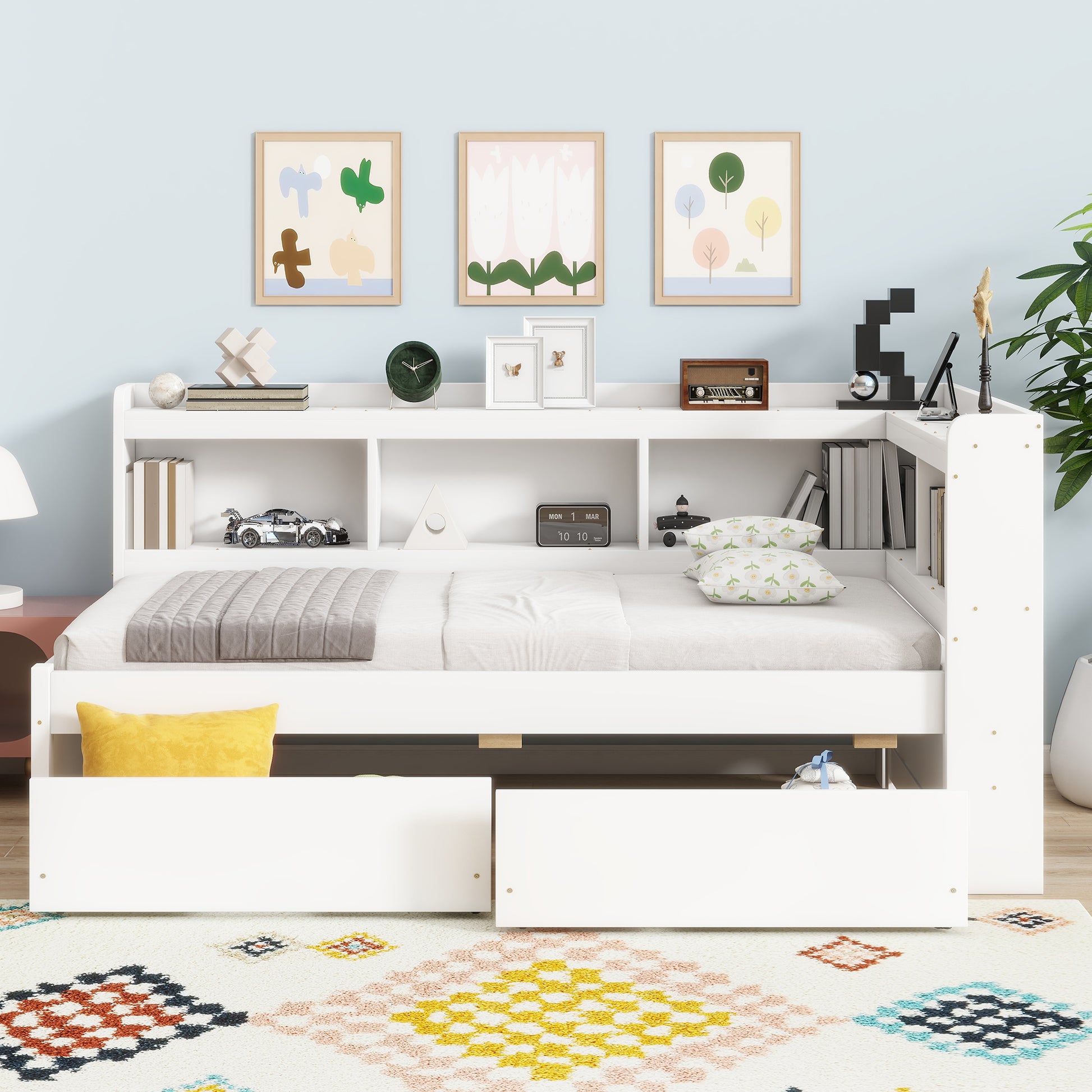 Twin Size L-shaped Bookcases Bed with Power Outlets, USB Charging Ports,Two Drawers,White