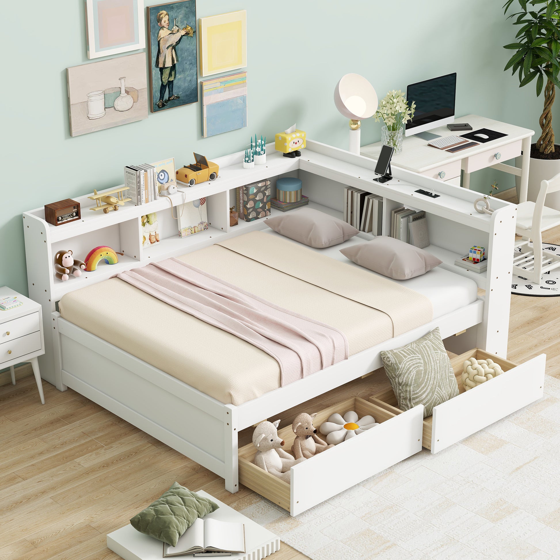 Full Size L-shaped Bookcases Bed with Power Outlets, USB Charging Ports,Two Drawers,Whtie
