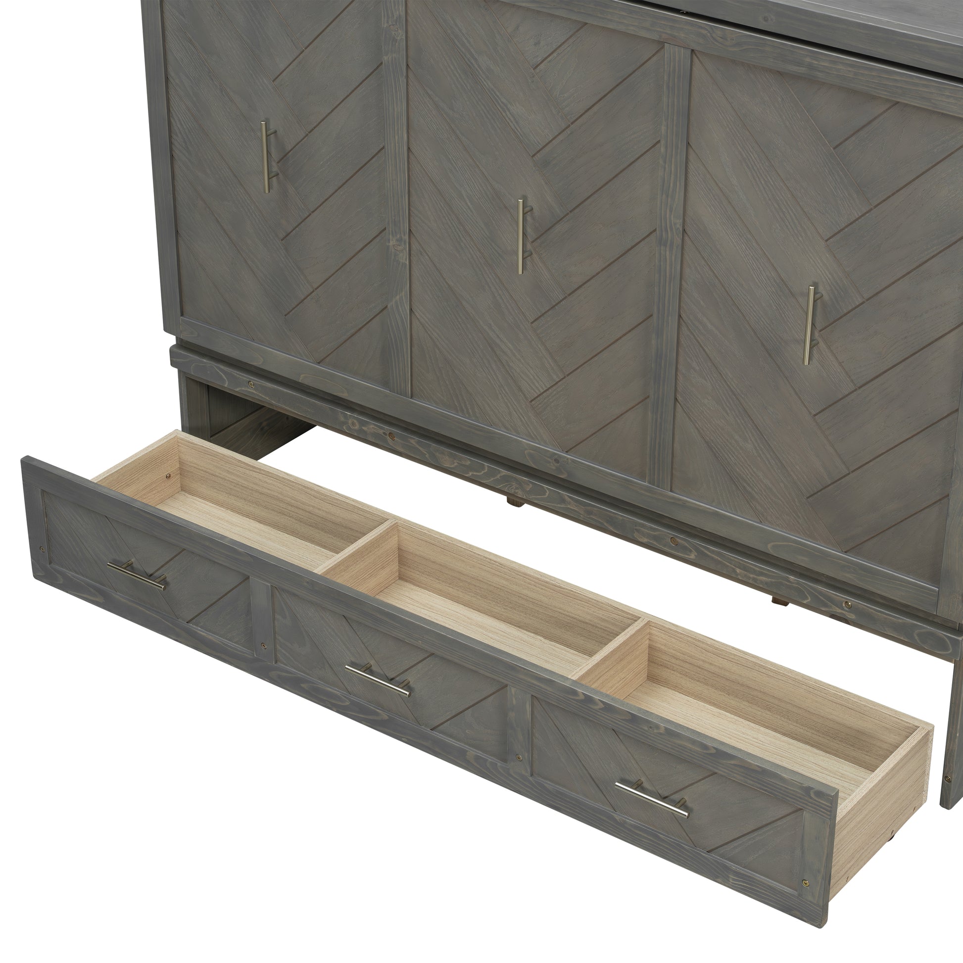Antique Grey Pine Queen Murphy Cabinet Bed with USB Charging for Bedroom