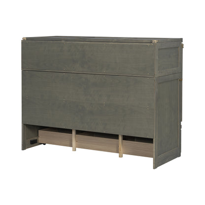 Antique Grey Pine Queen Murphy Cabinet Bed with USB Charging for Bedroom