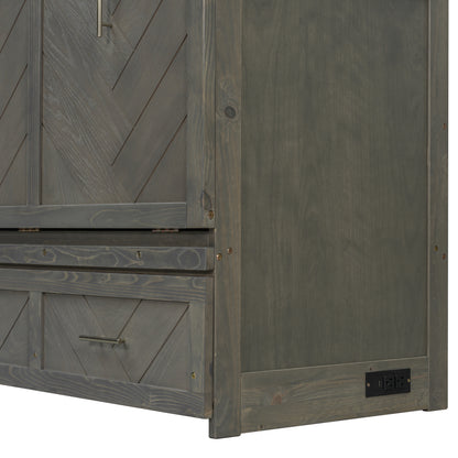 Antique Grey Pine Queen Murphy Cabinet Bed with USB Charging for Bedroom