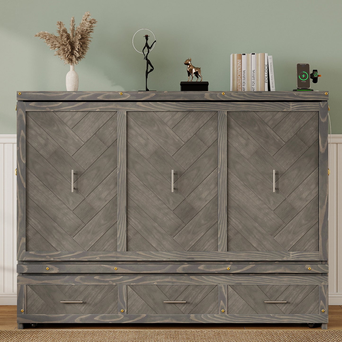 Queen Size Murphy Bed, Pine Wood Cabinet Bed with Built-in USB Charging Station and Geometrical Decoration Panel ,Grey