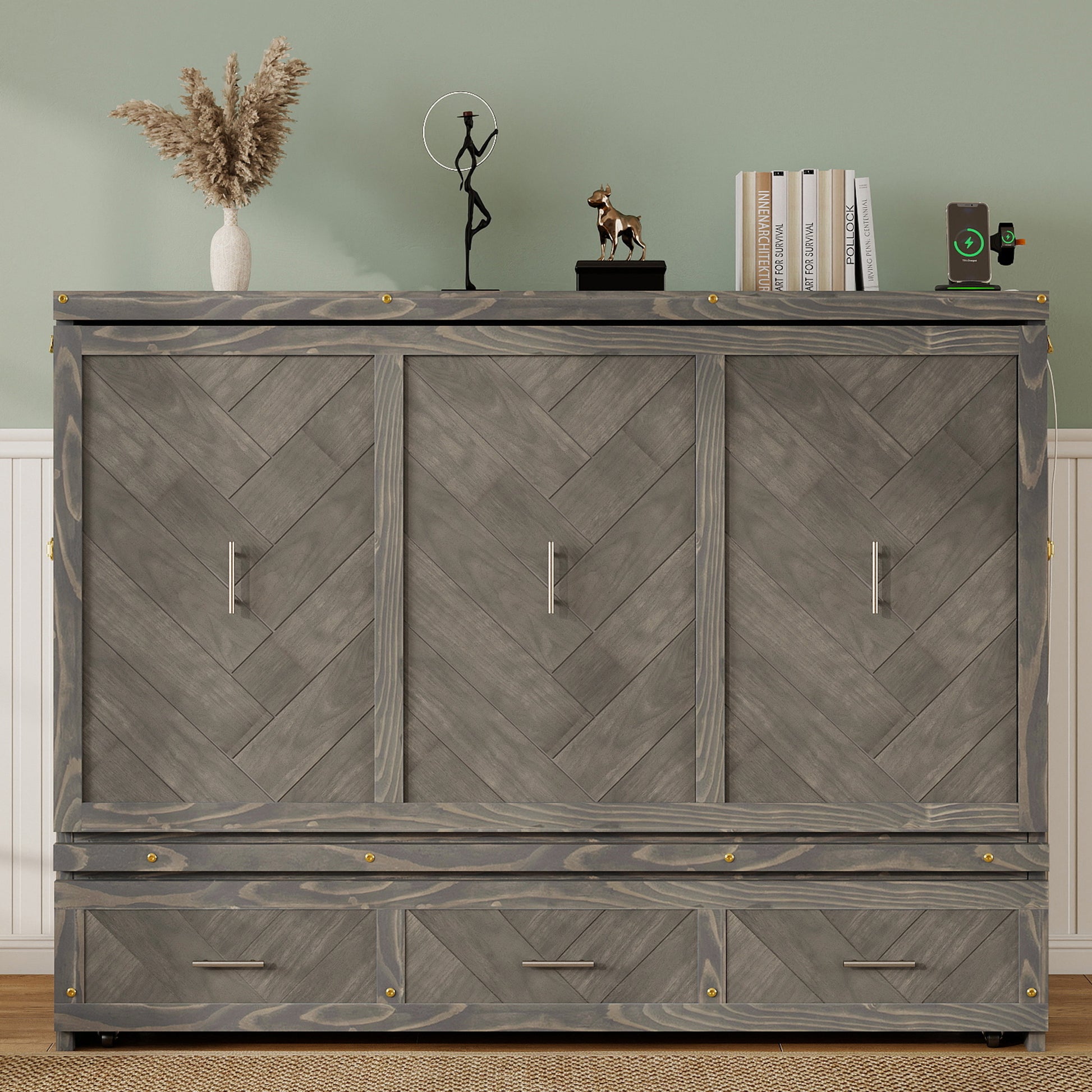 Queen Size Murphy Bed, Pine Wood Cabinet Bed with Built-in USB Charging Station and Geometrical Decoration Panel ,Grey
