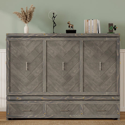 Queen Size Murphy Bed, Pine Wood Cabinet Bed with Built-in USB Charging Station and Geometrical Decoration Panel ,Grey