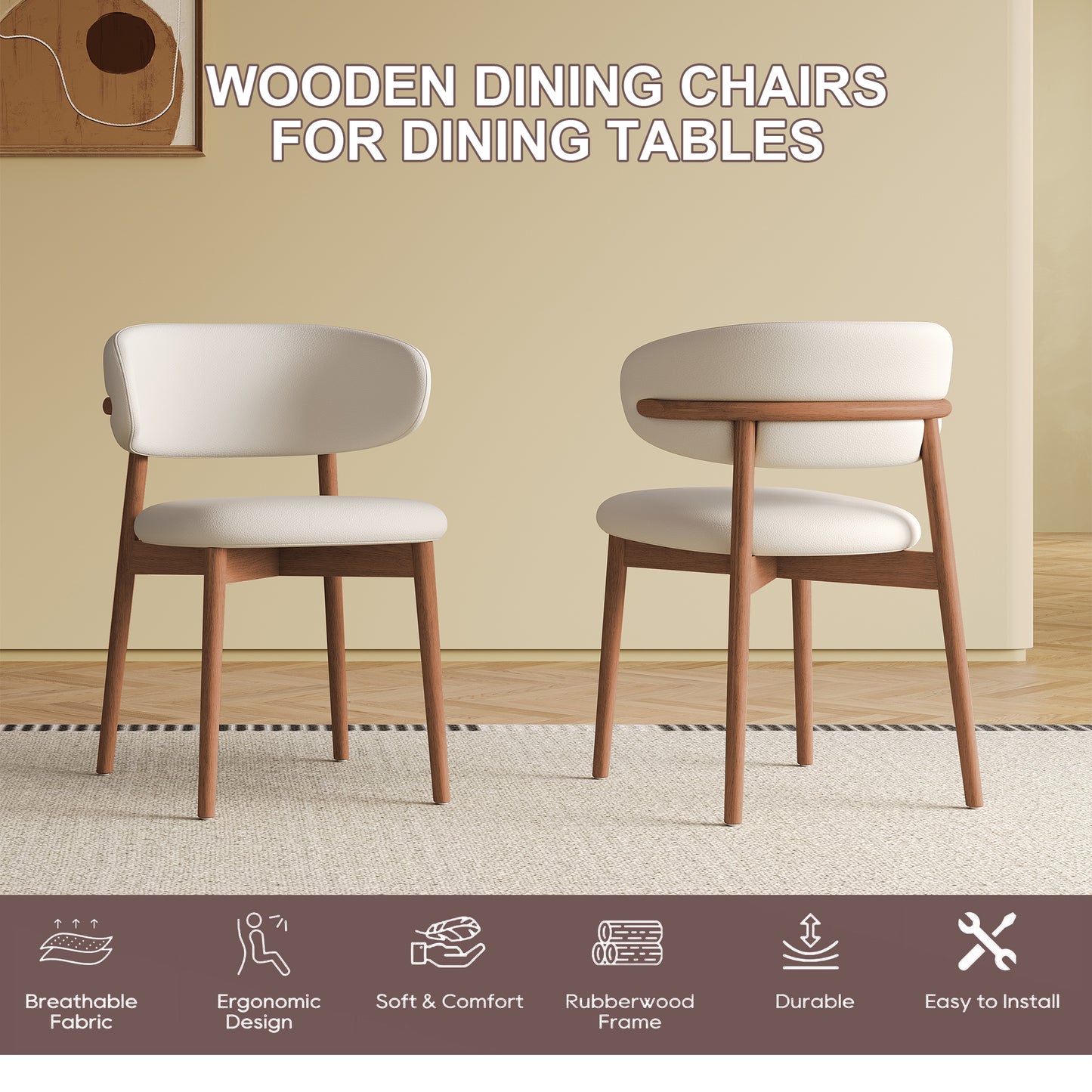 Mid-Century Modern Dining Chairs - Set of 2 Walnut Wood Feet