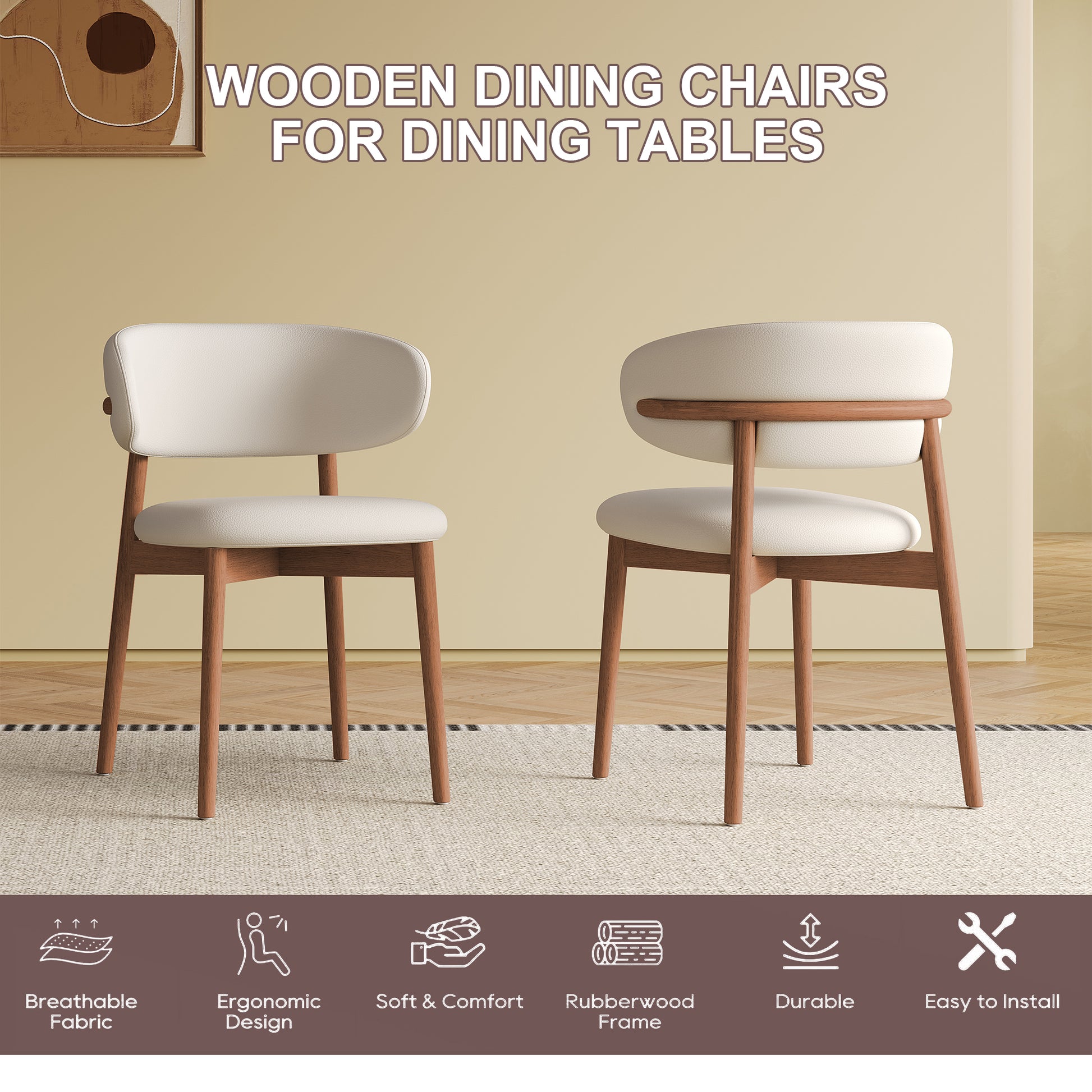 Mid-Century Modern Dining Chairs - Set of 2 Walnut Wood Feet
