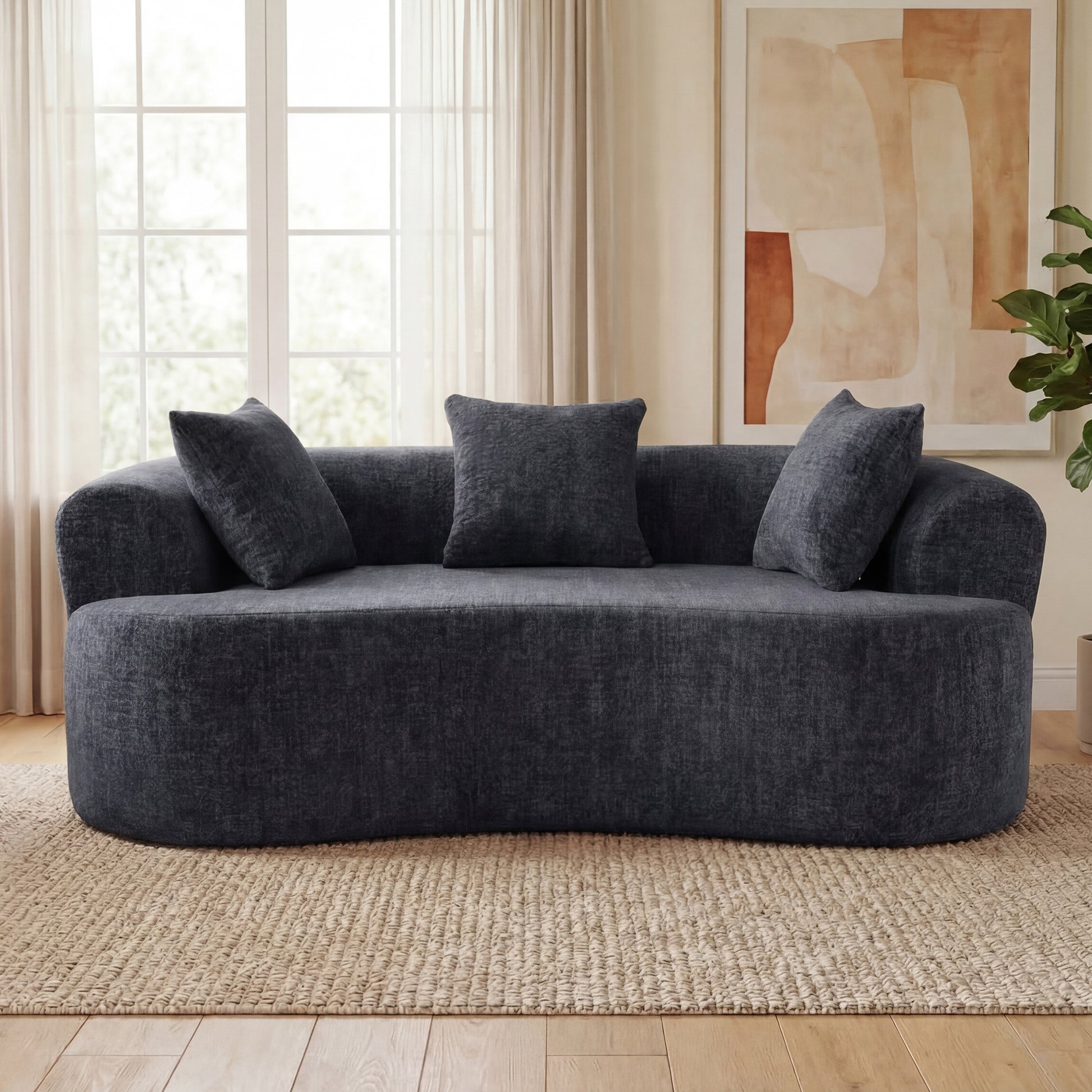 Crescent-shaped sofa, modern low-back design with deep cushions, self-inflating foam-filled large two-seater sofa requiring no assembly.(grey chenille fabric)