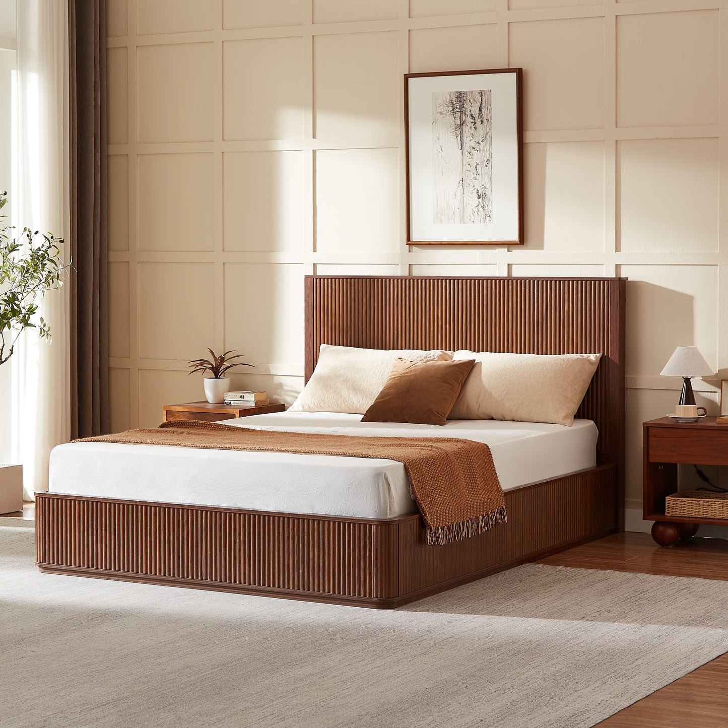 Queen Walnut Bed Frame - 44 Inch Headboard - No Box Spring Required for Bedroom