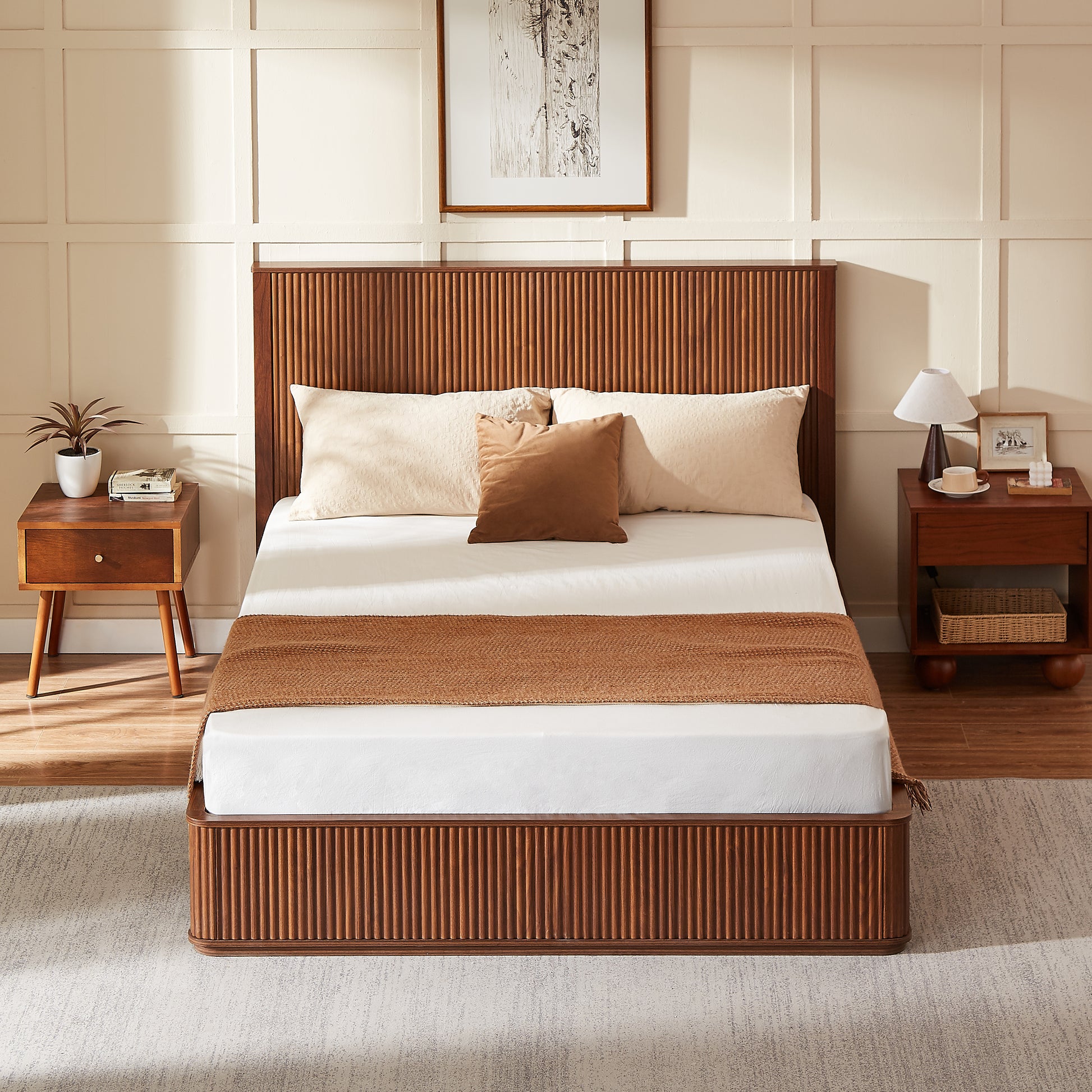 Queen Walnut Bed Frame - 44 Inch Headboard - No Box Spring Required for Bedroom