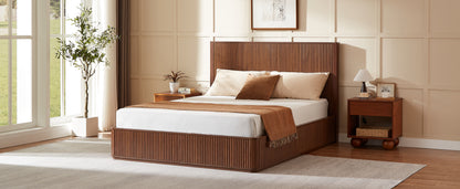 Queen Walnut Bed Frame - 44 Inch Headboard - No Box Spring Required for Bedroom
