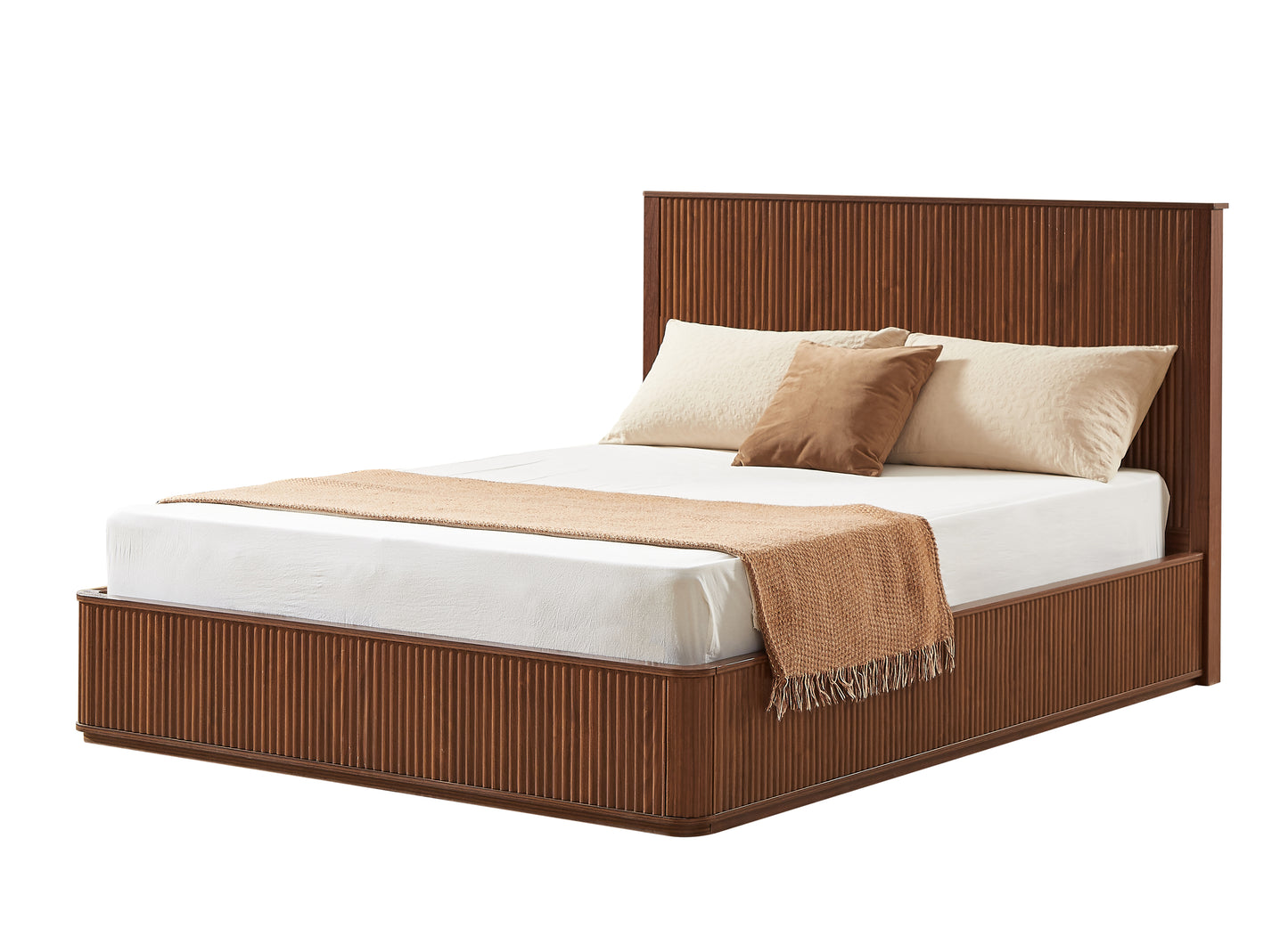 Queen Walnut Bed Frame - 44 Inch Headboard - No Box Spring Required for Bedroom