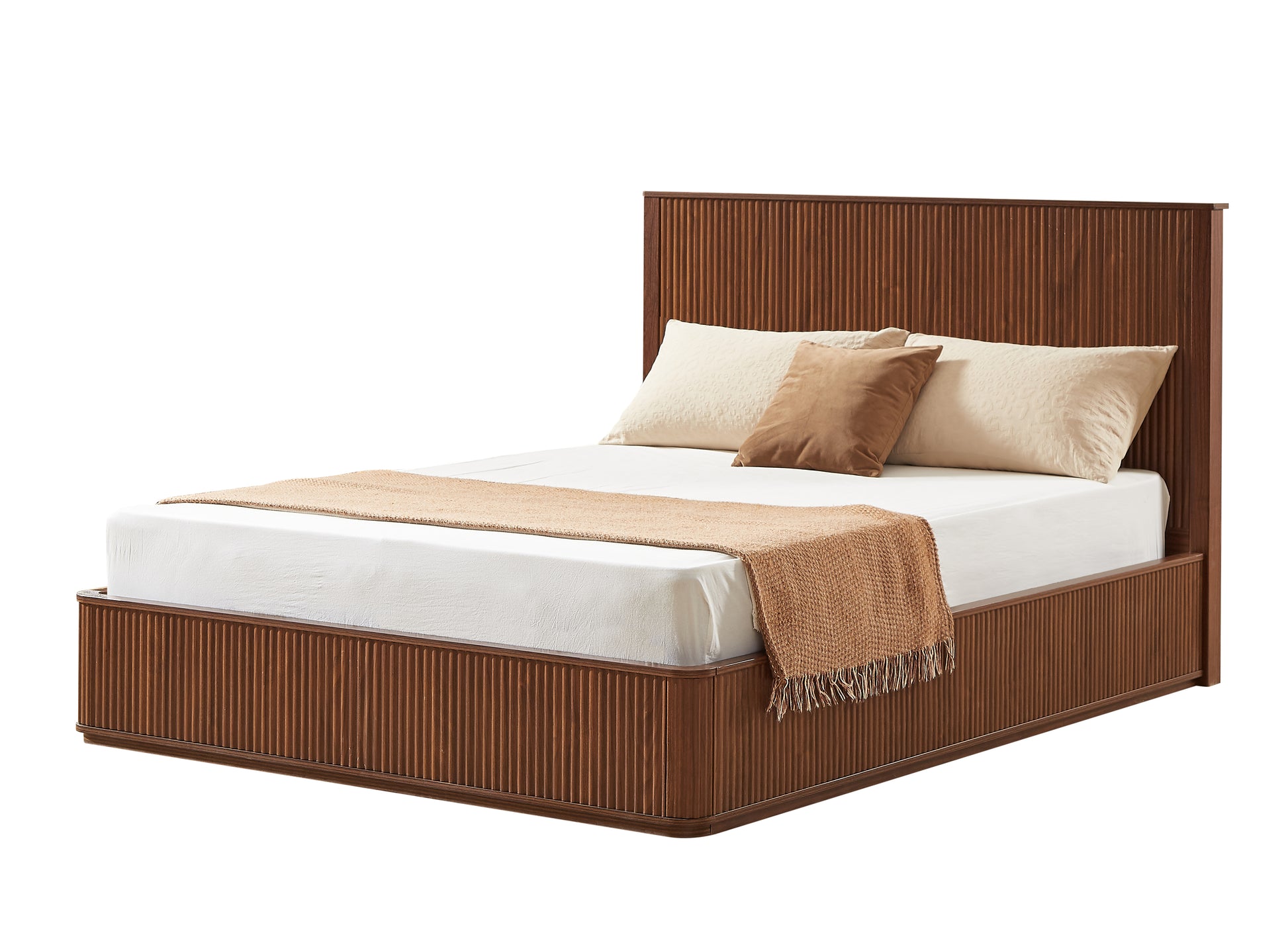 Queen Walnut Bed Frame - 44 Inch Headboard - No Box Spring Required for Bedroom