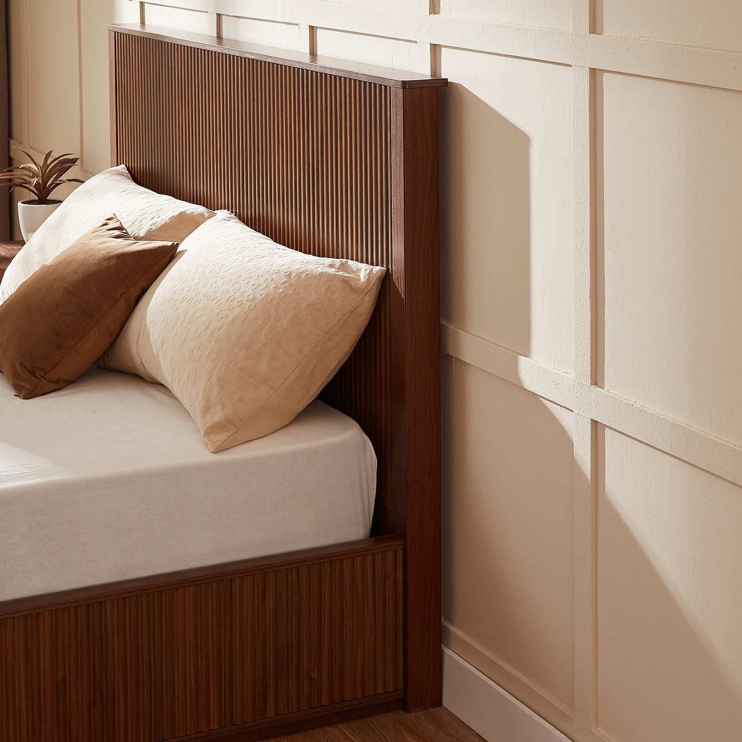 Queen Walnut Bed Frame - 44 Inch Headboard - No Box Spring Required for Bedroom