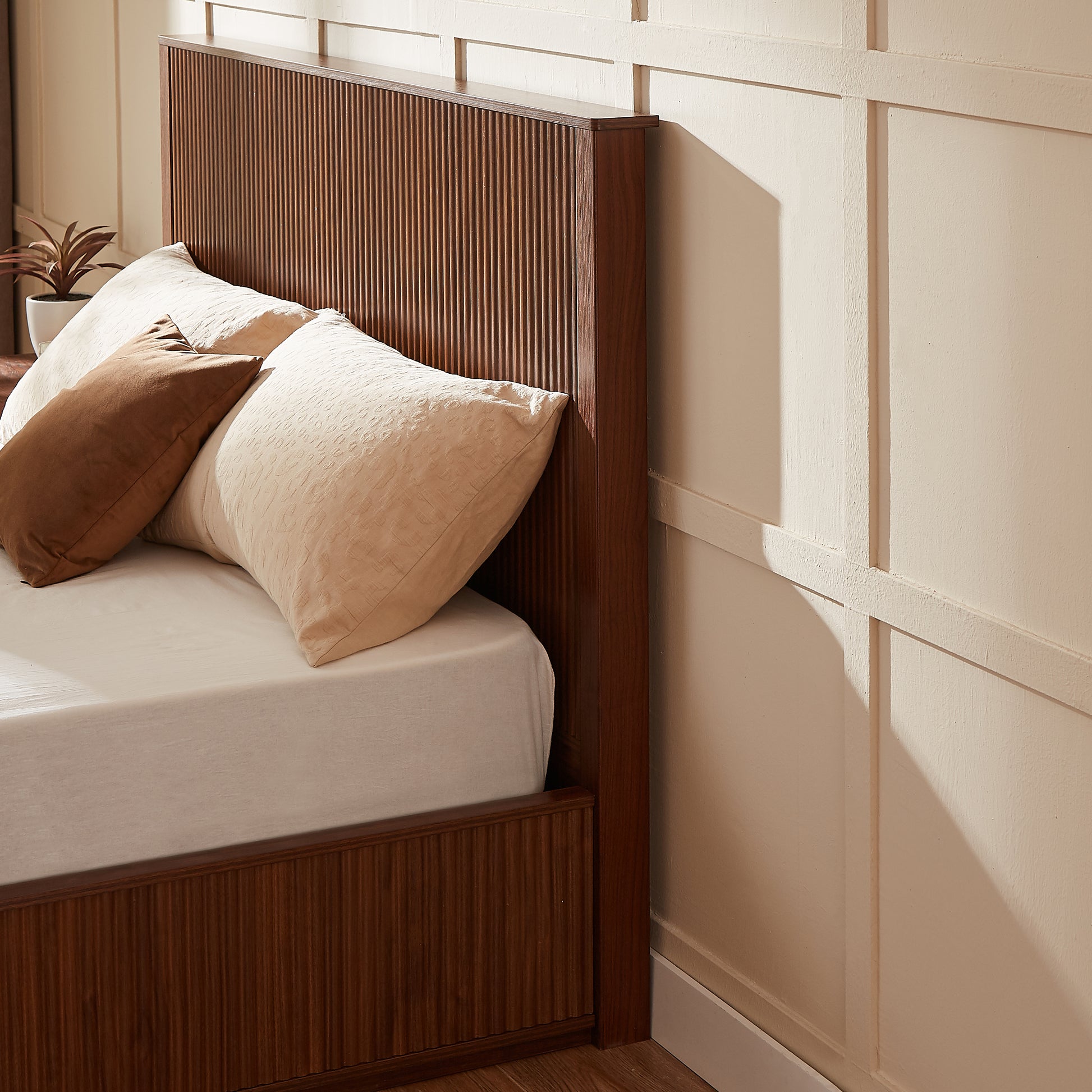 Queen Walnut Bed Frame - 44 Inch Headboard - No Box Spring Required for Bedroom