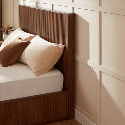 Queen Walnut Bed Frame - 44 Inch Headboard - No Box Spring Required for Bedroom