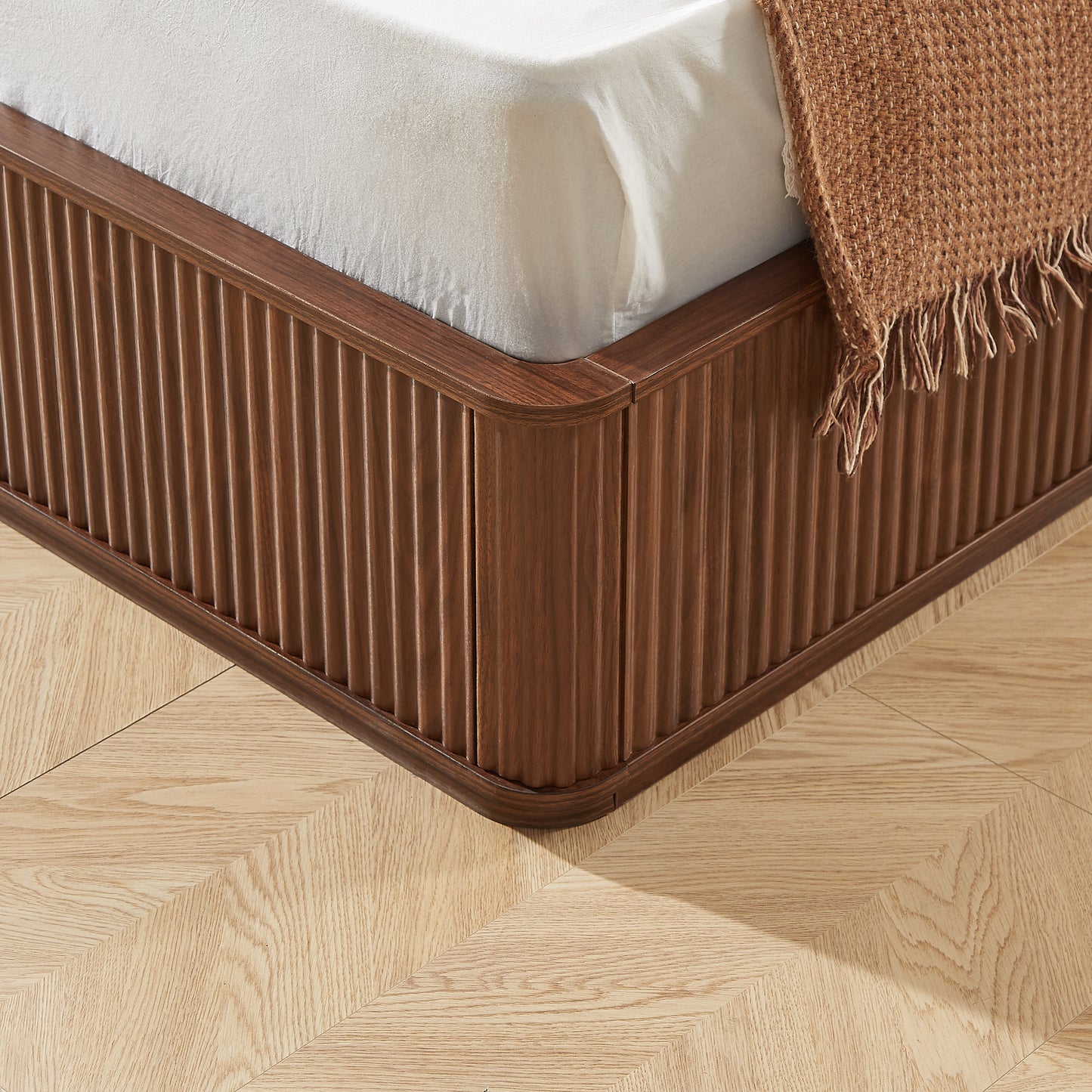 Queen Walnut Bed Frame - 44 Inch Headboard - No Box Spring Required for Bedroom