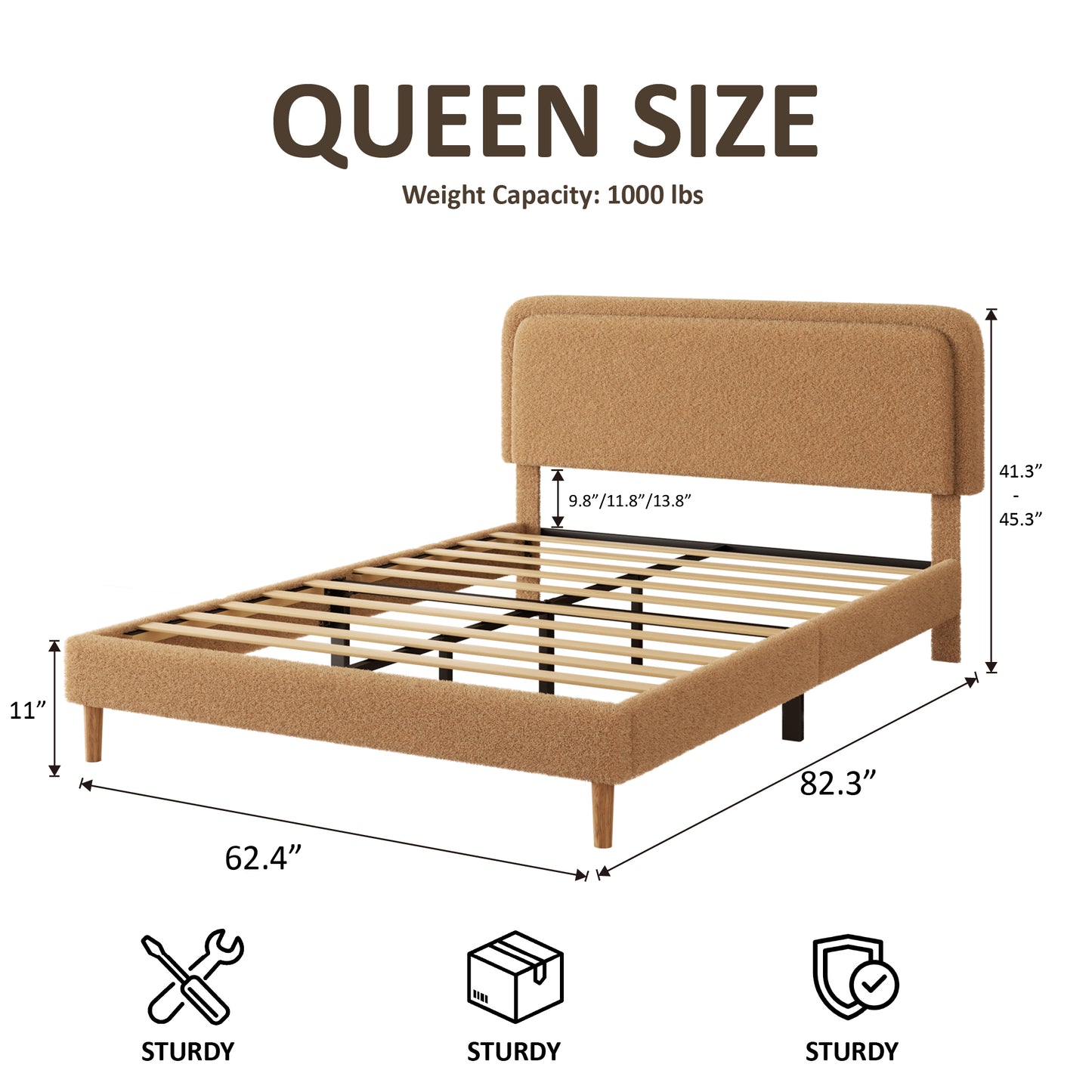 Queen Bed Frame - Plush Brown Upholstered Platform with Adjustable Headboard