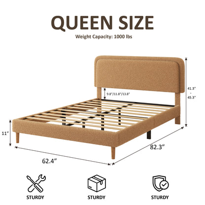 Queen Bed Frame - Plush Brown Upholstered Platform with Adjustable Headboard