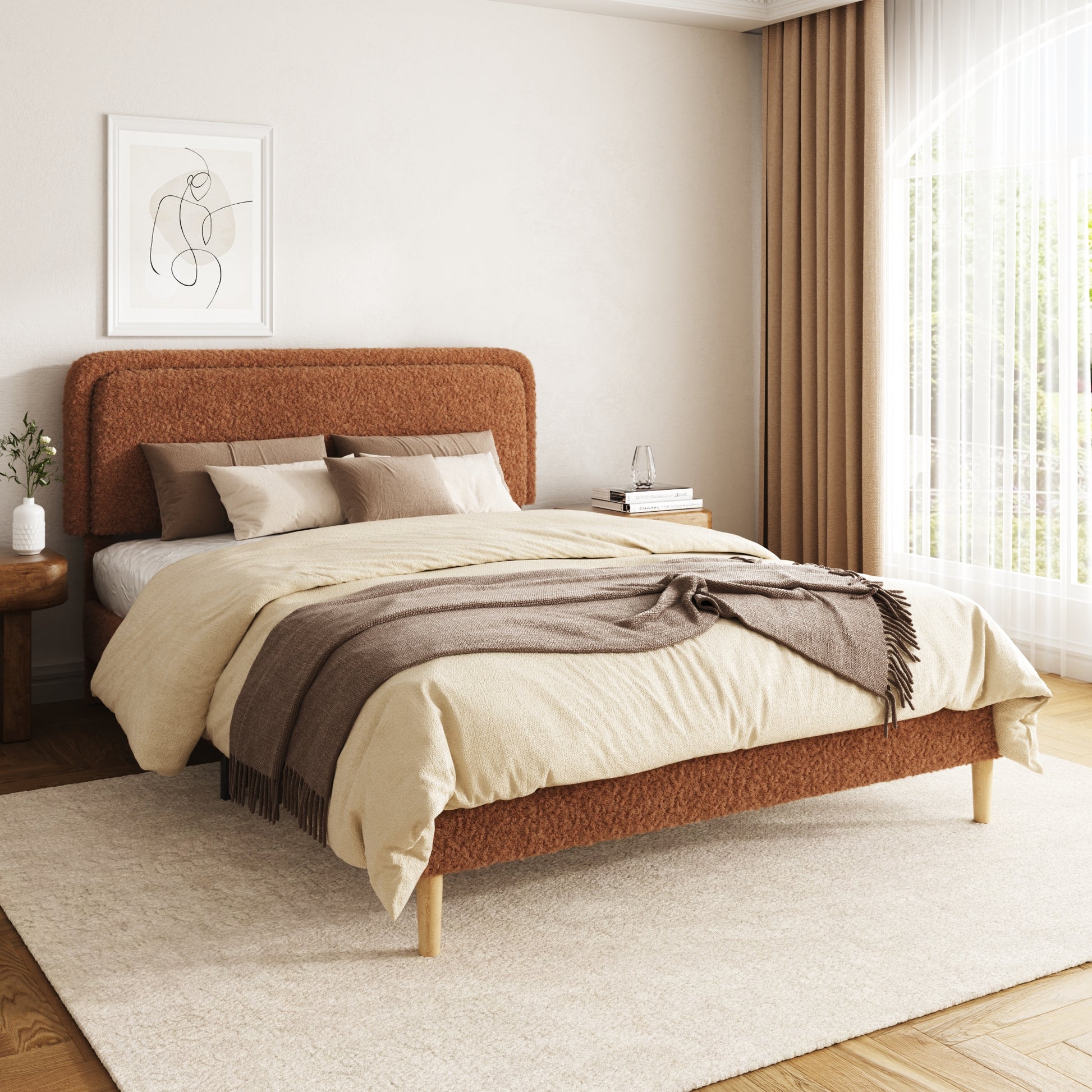 Queen Bed Frame - Plush Brown Upholstered Platform with Adjustable Headboard