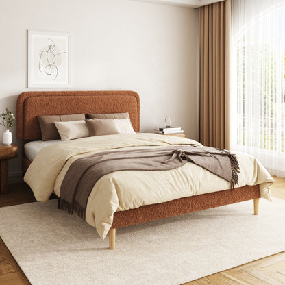 Queen Bed Frame - Plush Brown Upholstered Platform with Adjustable Headboard