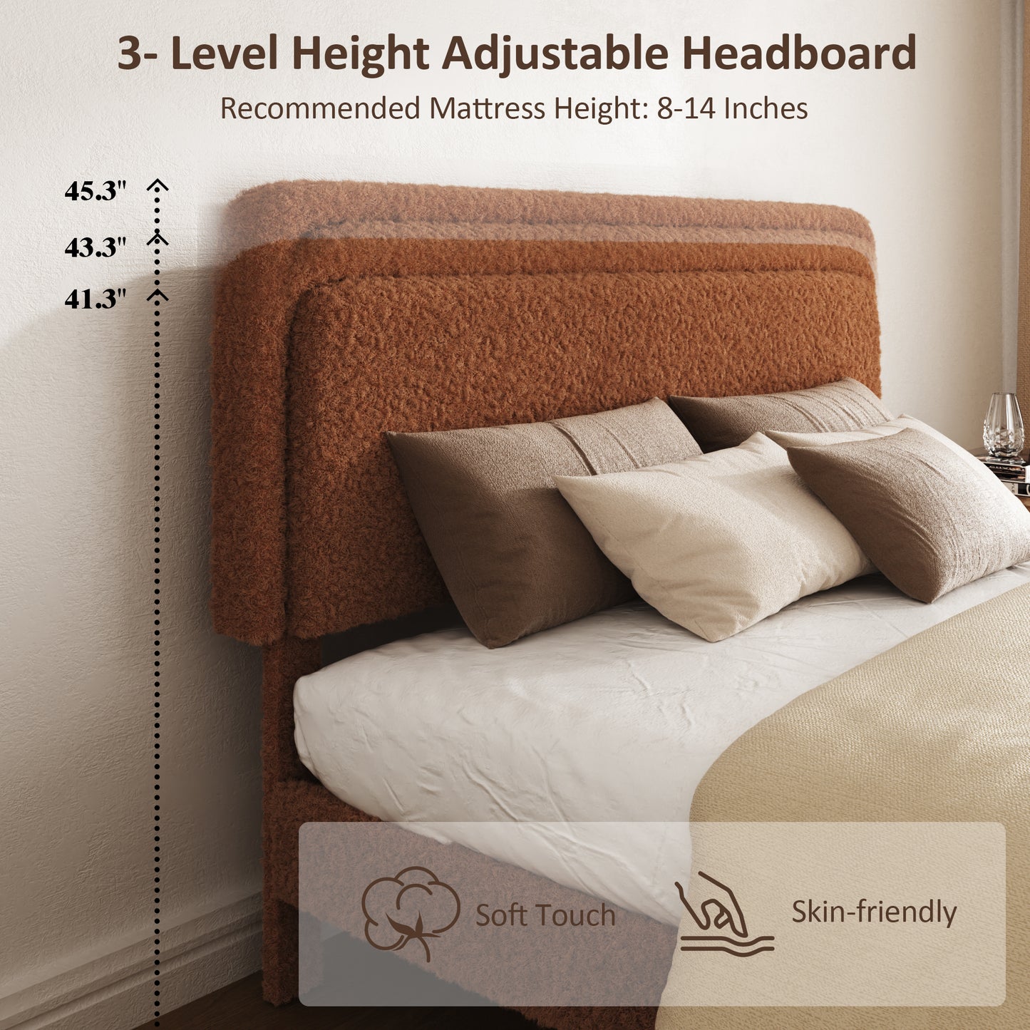 Queen Bed Frame - Plush Brown Upholstered Platform with Adjustable Headboard