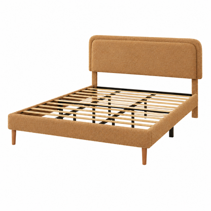 Queen Bed Frame - Plush Brown Upholstered Platform with Adjustable Headboard