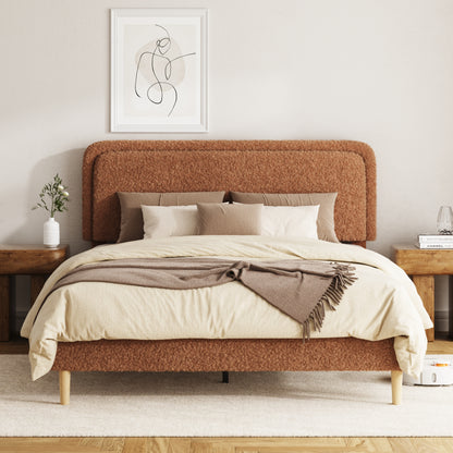 Queen Bed frame, Plush Upholstered Platform Bed with Height-Adjustable Headboard, Sturdy Frame and Alats, Quiet Design, No-Spring Mattress Compatible, Easy to Assemble, Brown
