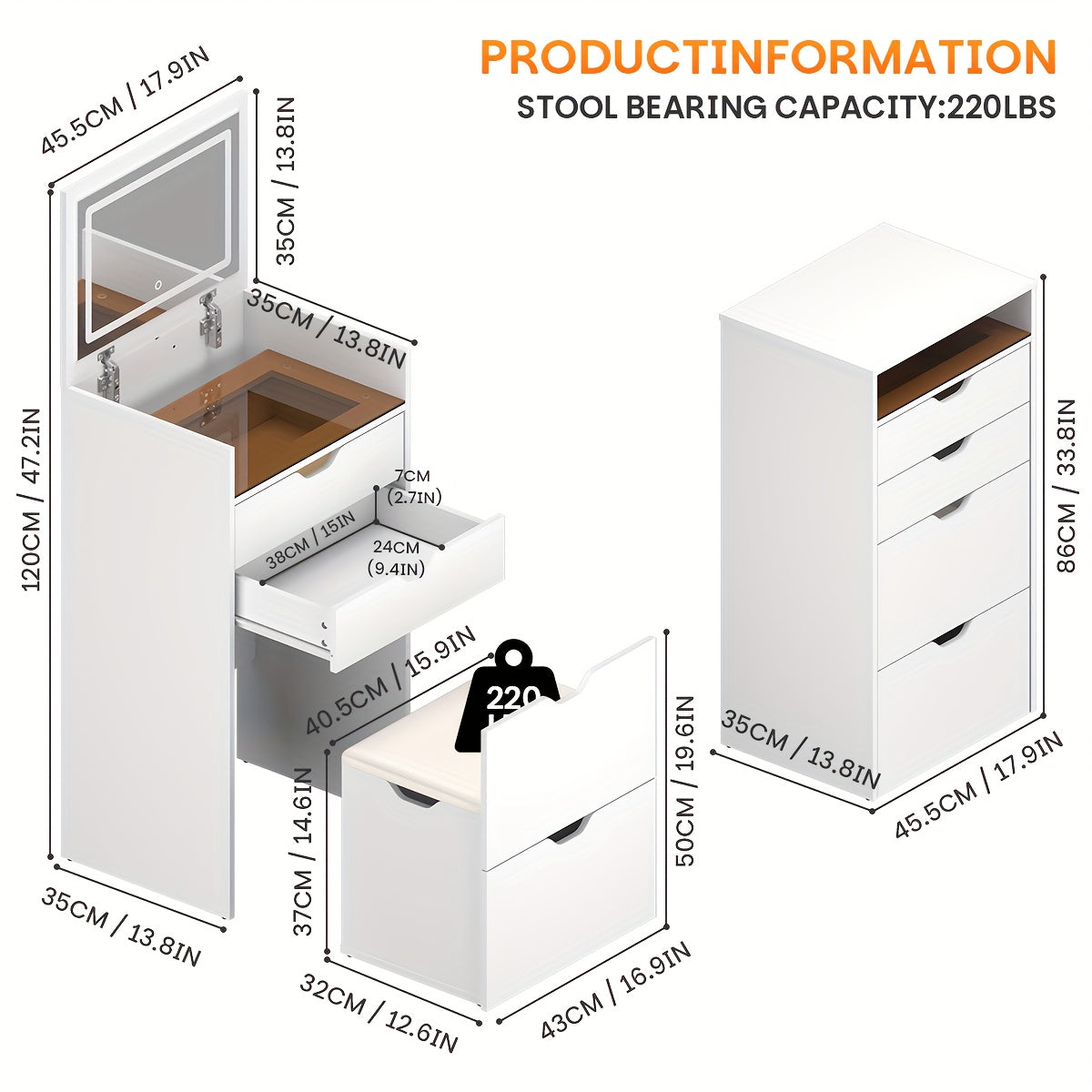 White Bedroom Makeup Vanity with 3 Drawers & Stool