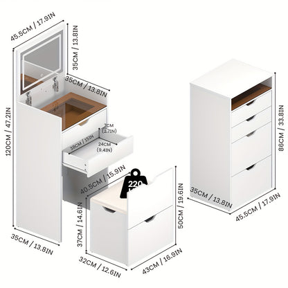 White Bedroom Makeup Vanity with 3 Drawers & Stool