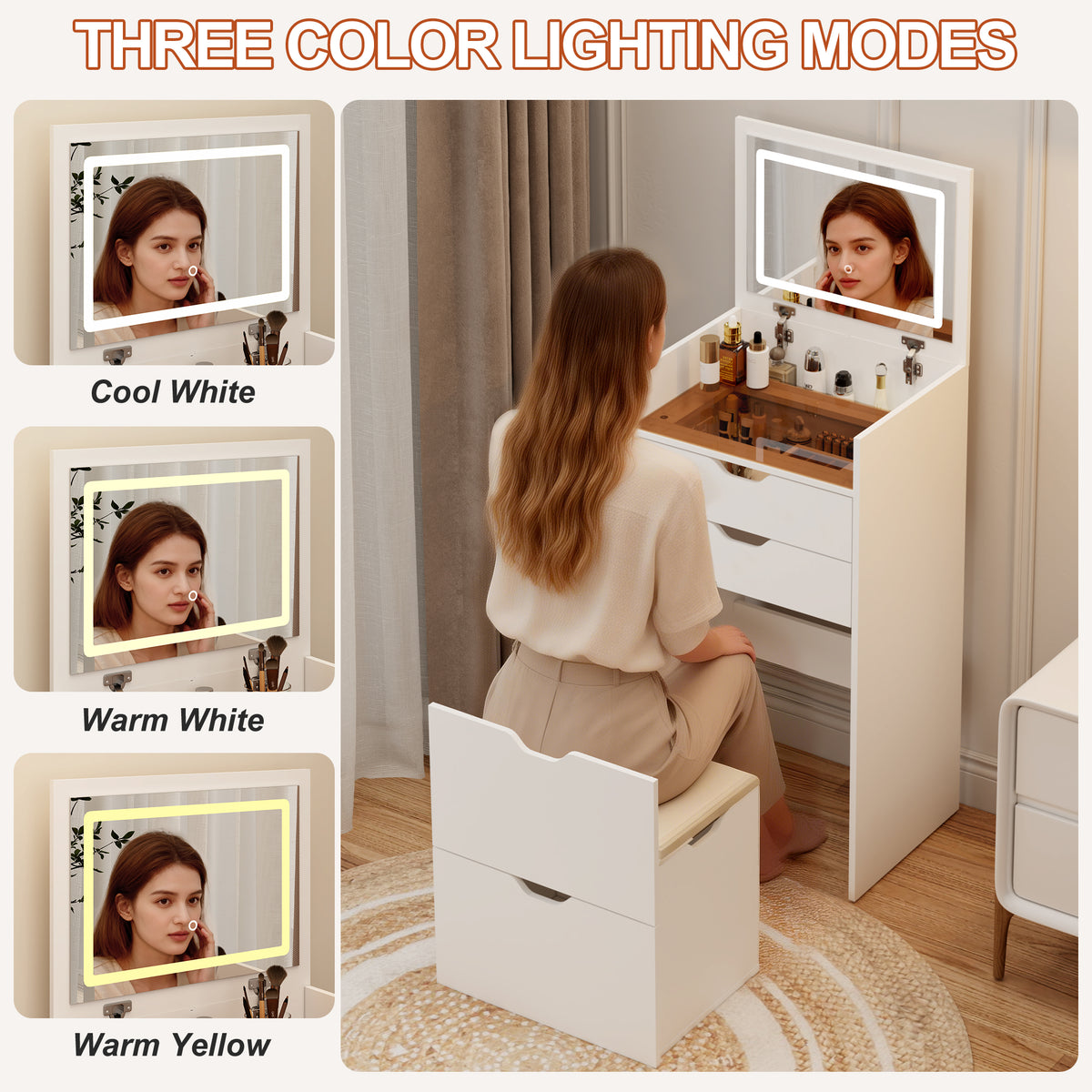 White Bedroom Makeup Vanity with 3 Drawers & Stool