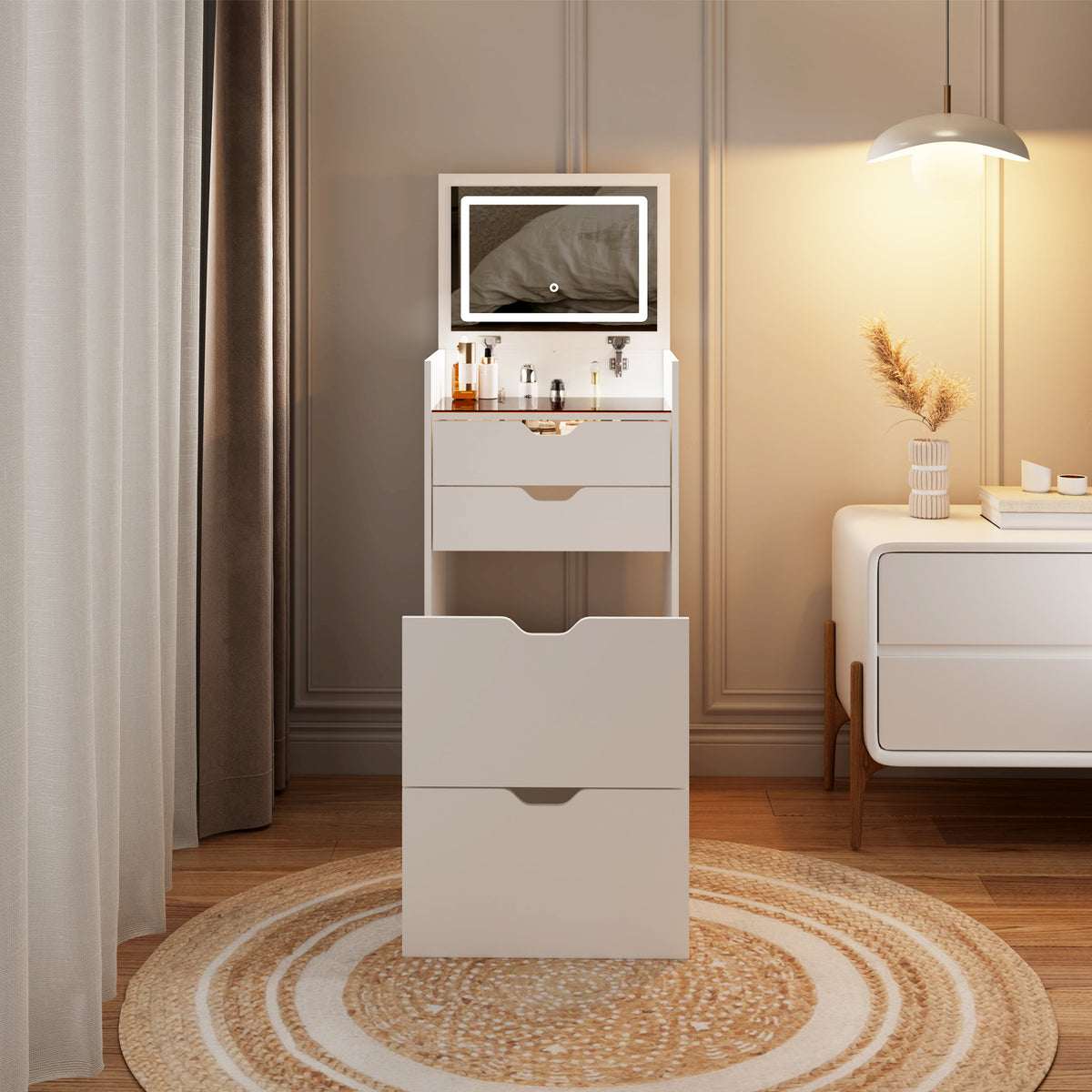 White Bedroom Makeup Vanity with 3 Drawers & Stool