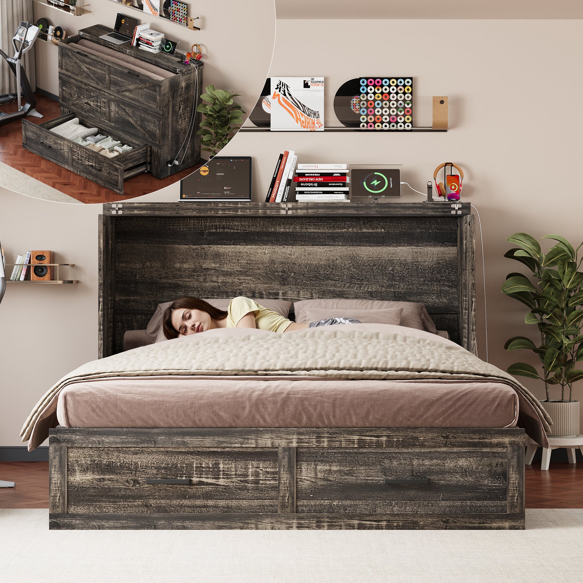 Queen Murphy Bed with Charging Station,Farmhouse Murphy Cabinet Bed with Large Storage Drawer,Hideaway Foldable Platform Bed for Guest Bedroom, Living Room, Office,Small Room,Pull out Bed,Rustic Grey
