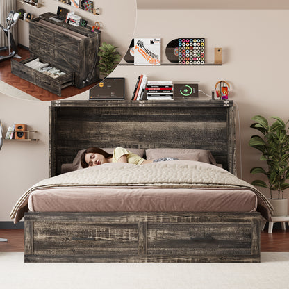 Queen Murphy Bed with Charging Station,Farmhouse Murphy Cabinet Bed with Large Storage Drawer,Hideaway Foldable Platform Bed for Guest Bedroom, Living Room, Office,Small Room,Pull out Bed,Rustic Grey