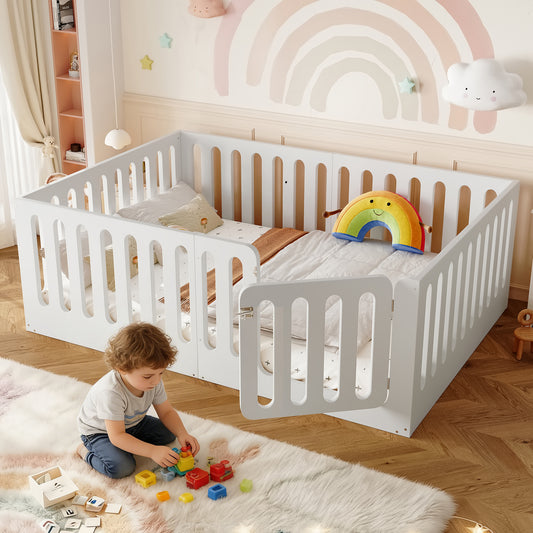 Full Size Floor Bed with High Fence for Kids, Solid Wood Kids Montessori Bed with Door, low-profile and No Box Spring Needed Design, White.(Patent Protection)