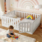 Full Size Floor Bed with High Fence for Kids, Solid Wood Kids Montessori Bed with Door, low-profile and No Box Spring Needed Design, White.(Patent Protection)