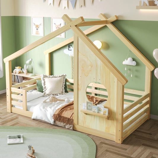 Twin House Floor Bed with Window and a Small Shelf, Solid Wood Floor Bed with House-shaped Roof, No Spring Box Needed, Natural