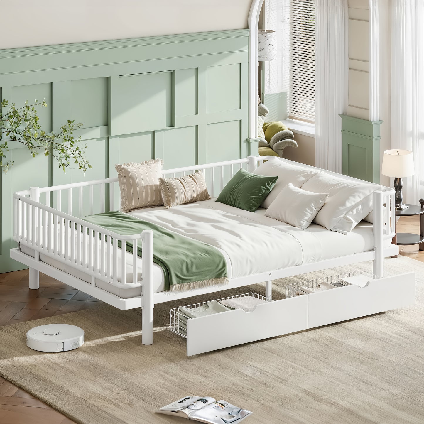 Queen Size Platform Bed with Storage Drawers, Metal Daybed Frame with Upgraded Safety Round-Pipe Design, Low Profile Design, White