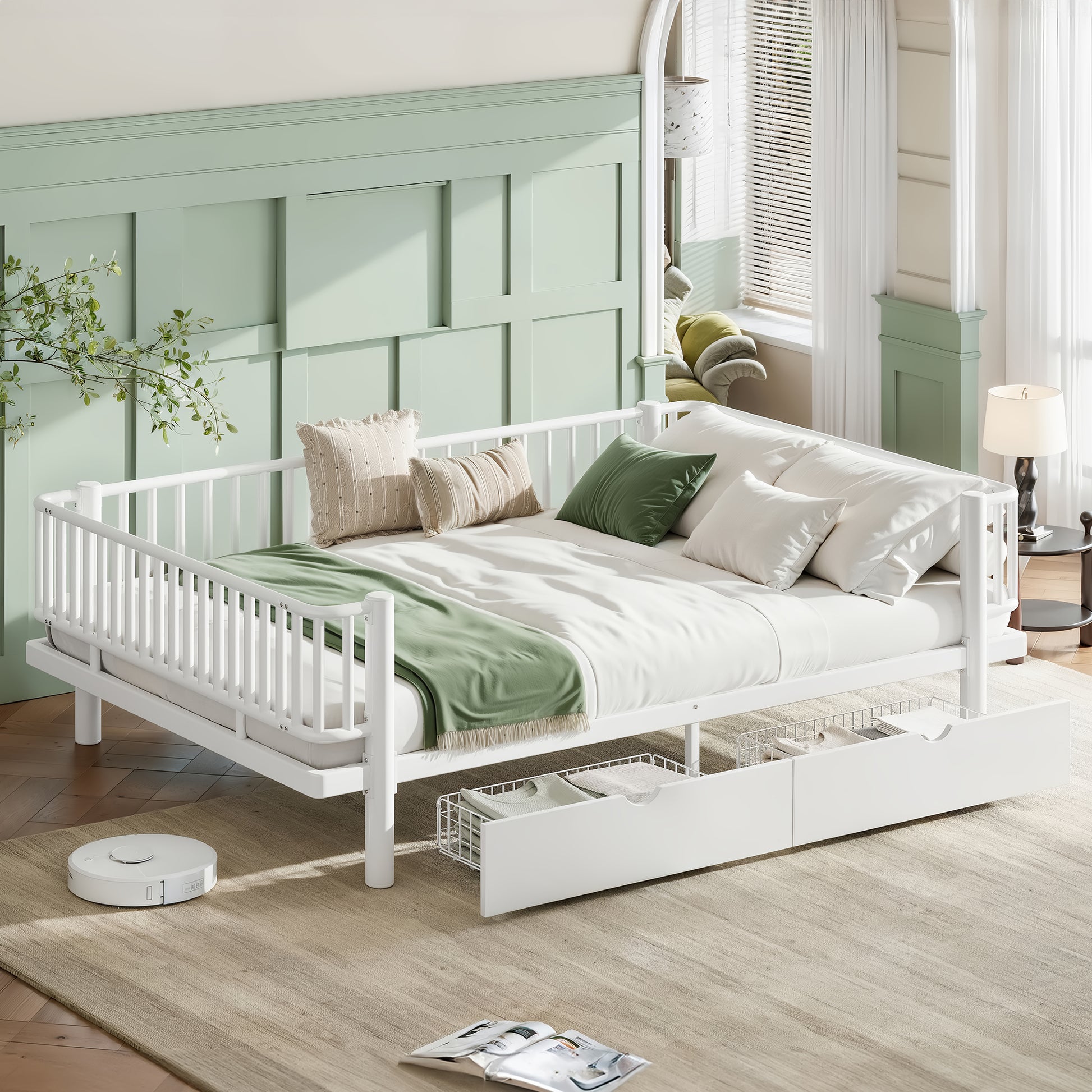 Queen Size Platform Bed with Storage Drawers, Metal Daybed Frame with Upgraded Safety Round-Pipe Design, Low Profile Design, White