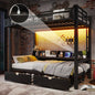 Twin over Twin Bunk Bed with Storage Shelves and Drawers,Multifunctional Metal Bunk Beds with USB Ports and LED Lights, Lower Bed that can be converted into a sofa, Black
