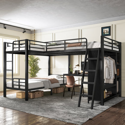 L-shaped Triple Bunk Bed with Desk and Wardrobe, Twin XL over Twin XL Bunk Bed with an Attached Full Loft Bed, No Box Spring Needed, Black