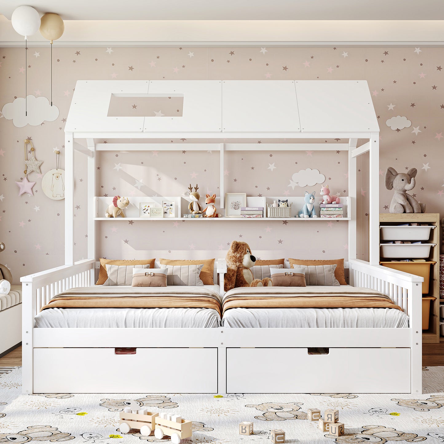Twin Size House Platform Bed with Storage - White for Bedroom
